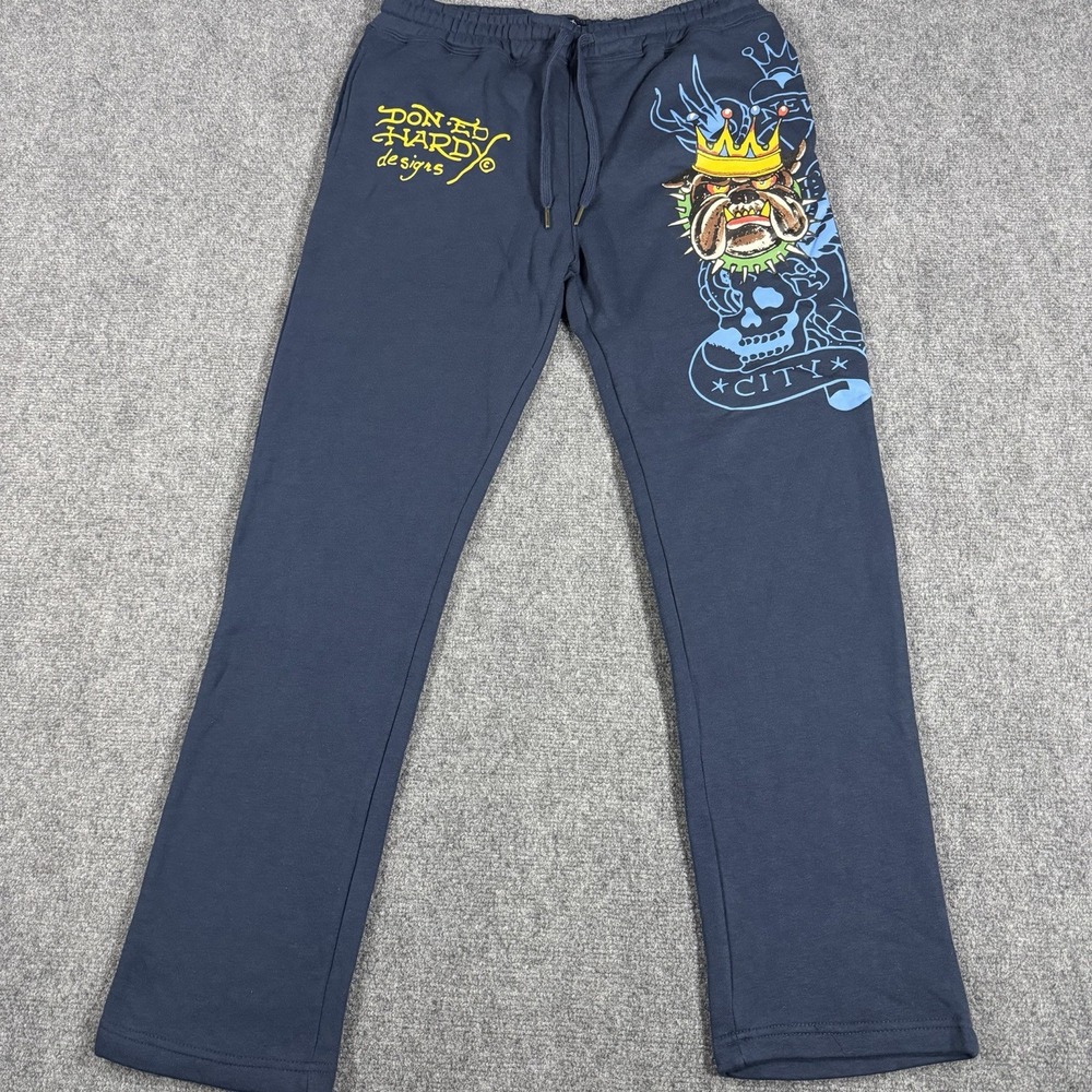 Ed Hardy Sweatpants Men Medium Navy Blue Bulldog Panther Graphic Spellout Tattoo